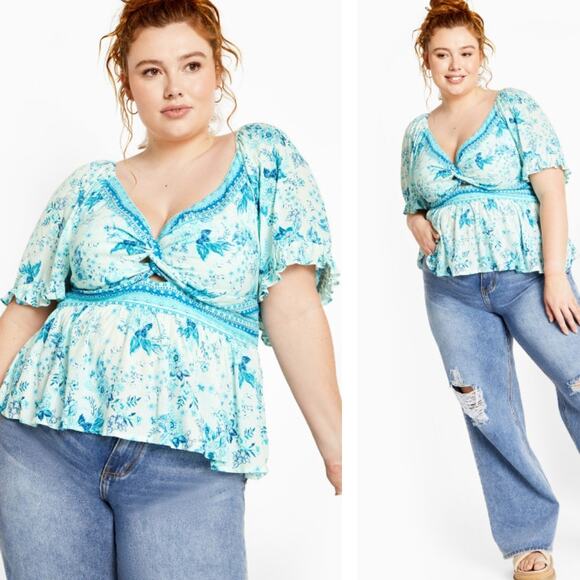 CITY CHIC Pretty Thing Top Seafoam Floral Cottagecore Blouse Size 18 - Picture 1 of 5